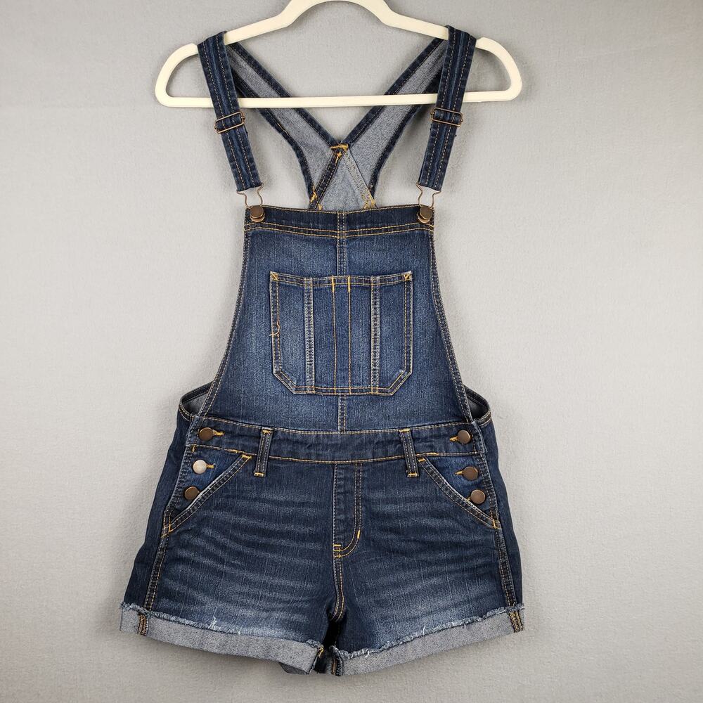 Y2K Rolled Hem Denim Bib Shortalls Overalls Blue Relaxed Fit Size S Western Boho